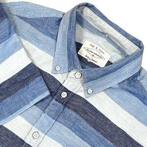 Rag & Bone Linen Blend Short Sleeve Shirt Mens M Blue Stripes Short Sleeve